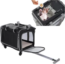 Pet Carrier with Wheels,4 Mesh Window Breathable Airline Approved Foldable Rolling Cat Carrier Pet Handcart Travel Pet Carrier Bag for Outdoor Travel