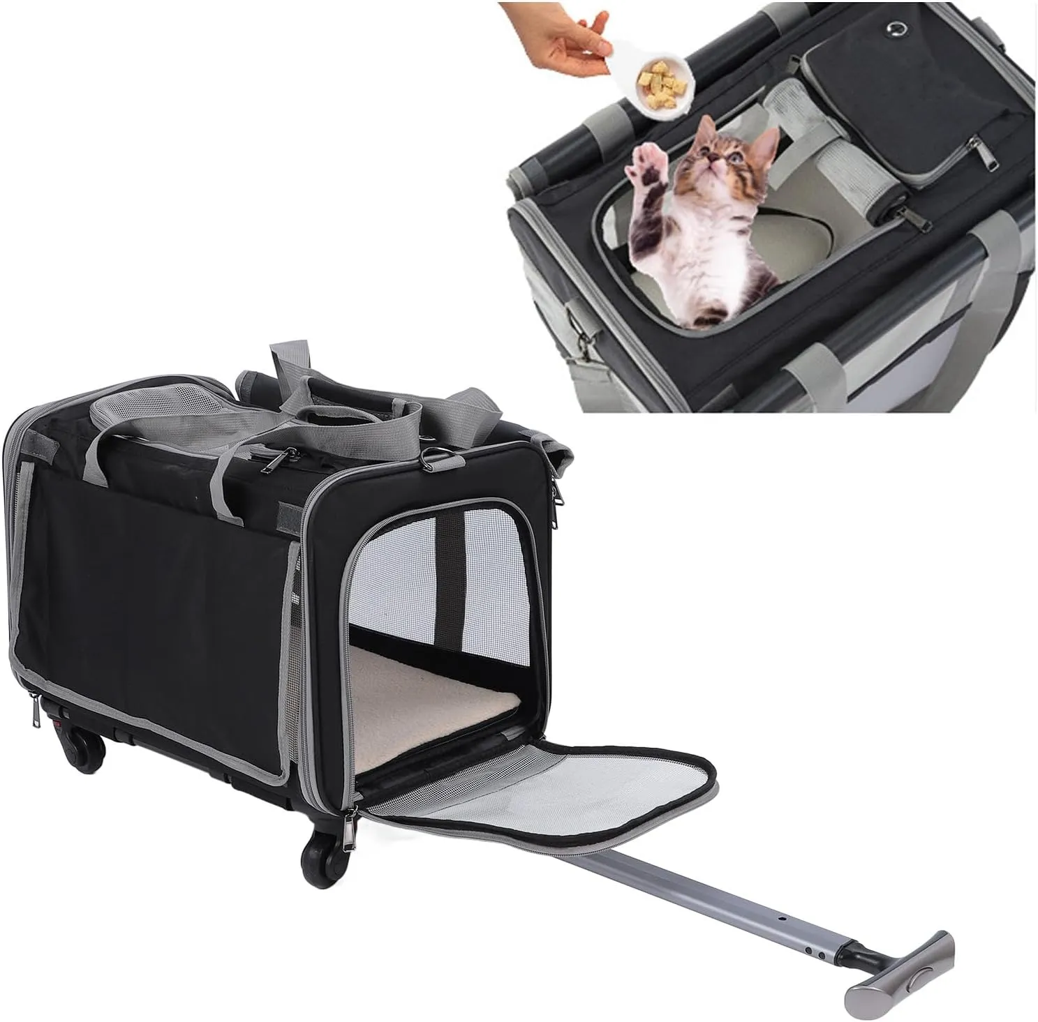 Pet Carrier with Wheels,4 Mesh Window Breathable Airline Approved Foldable Rolling Cat Carrier Pet Handcart Travel Pet Carrier Bag for Outdoor Travel
