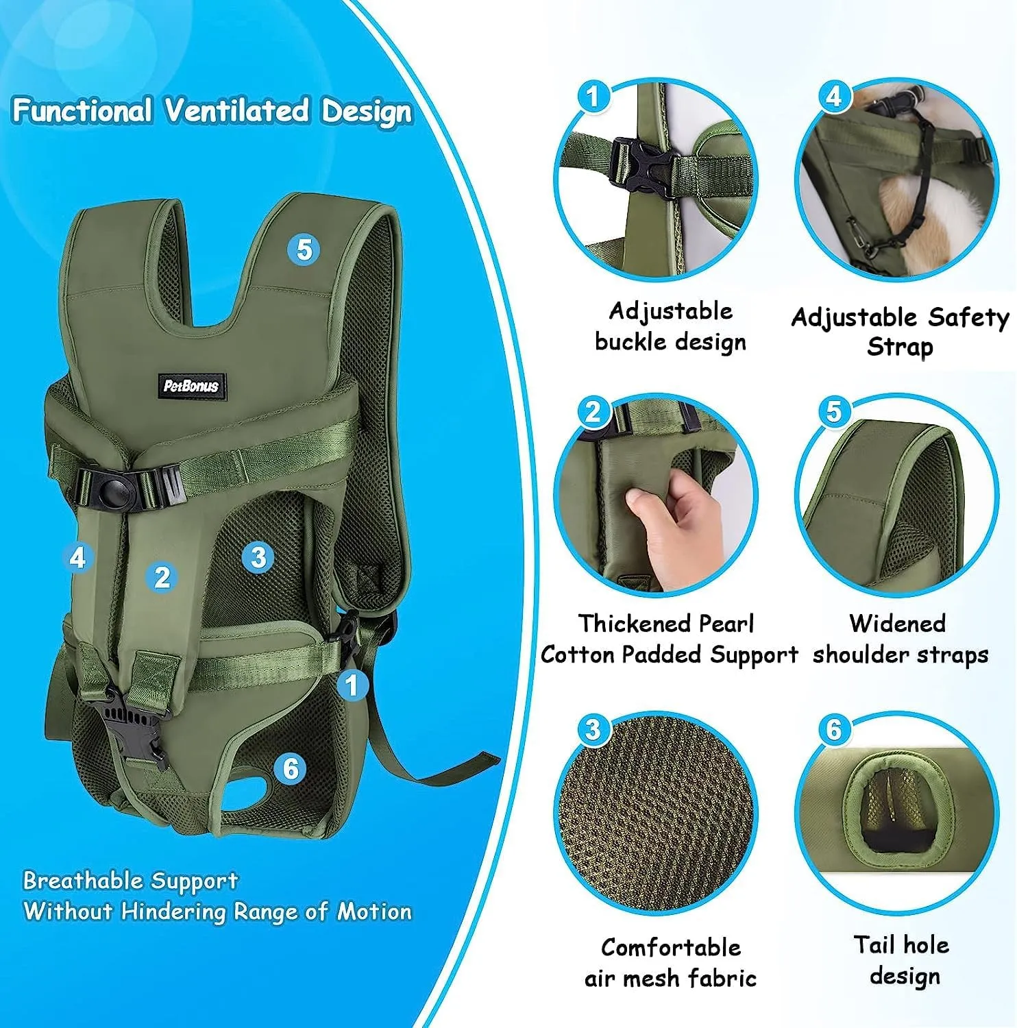 PetBonus Pet Front Dog Carrier Backpacks, Adjustable Pet Backpack, Legs Out Easy-fit Puppy Chest Carrier for Medium Small Dogs, Hands Free for Hiking, Cycling (Army Green, S)