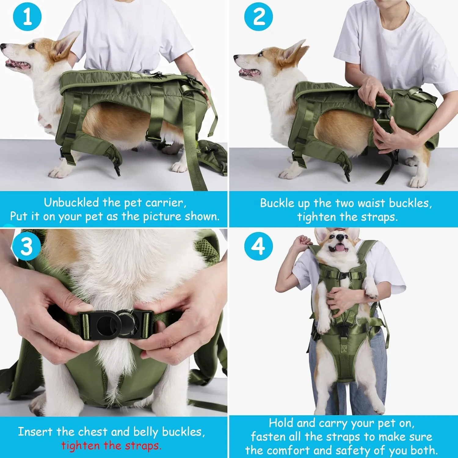 PetBonus Pet Front Dog Carrier Backpacks, Adjustable Pet Backpack, Legs Out Easy-fit Puppy Chest Carrier for Medium Small Dogs, Hands Free for Hiking, Cycling (Army Green, S)