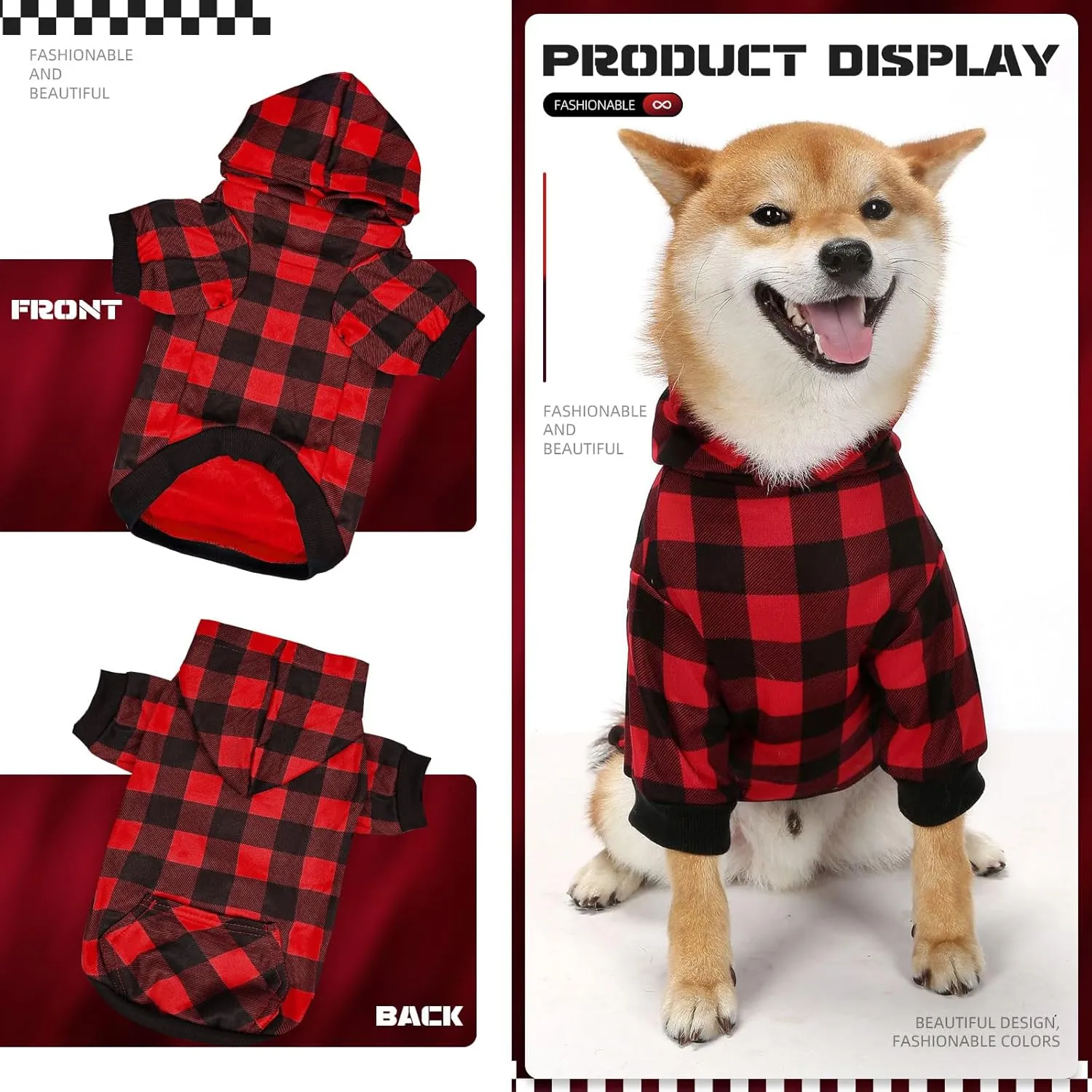 Red Plaid Dog Hoodie Soft Dog Sweater Hoodie with Leash Hole and Pocket Elastic Pet Clothes Sweatshirt for Small Medium Large Size Dogs(Red A,Medium)