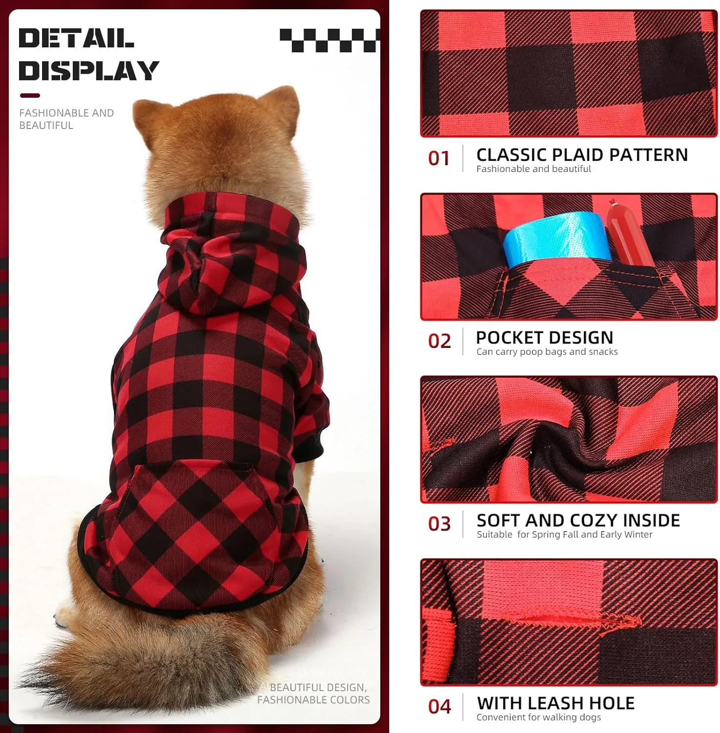 Red Plaid Dog Hoodie Soft Dog Sweater Hoodie with Leash Hole and Pocket Elastic Pet Clothes Sweatshirt for Small Medium Large Size Dogs(Red A,Medium)