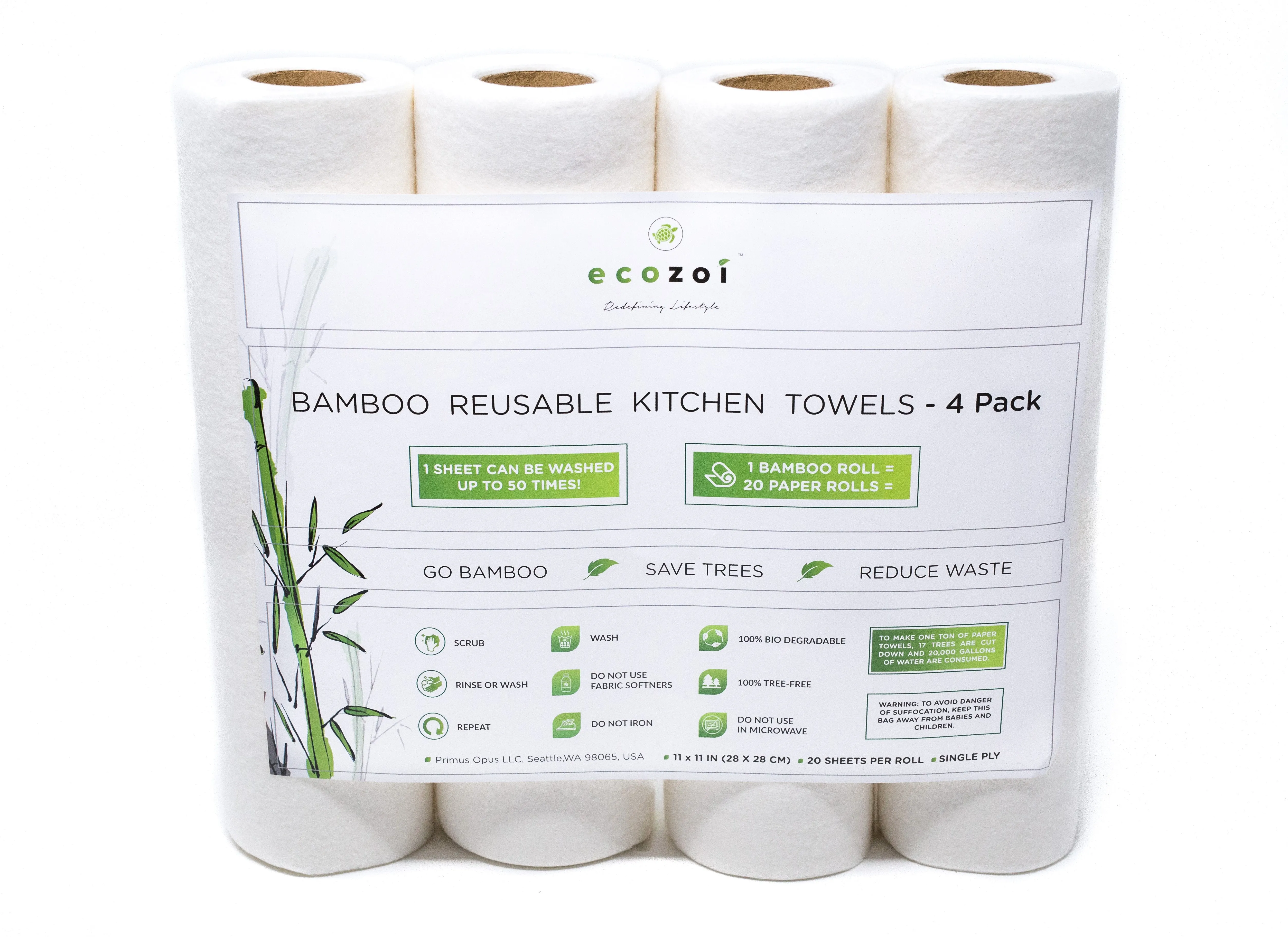 Reusable Bamboo Kitchen Paper Towels - Tree-Free, Eco-Friendly Rolls, 4-Pack
