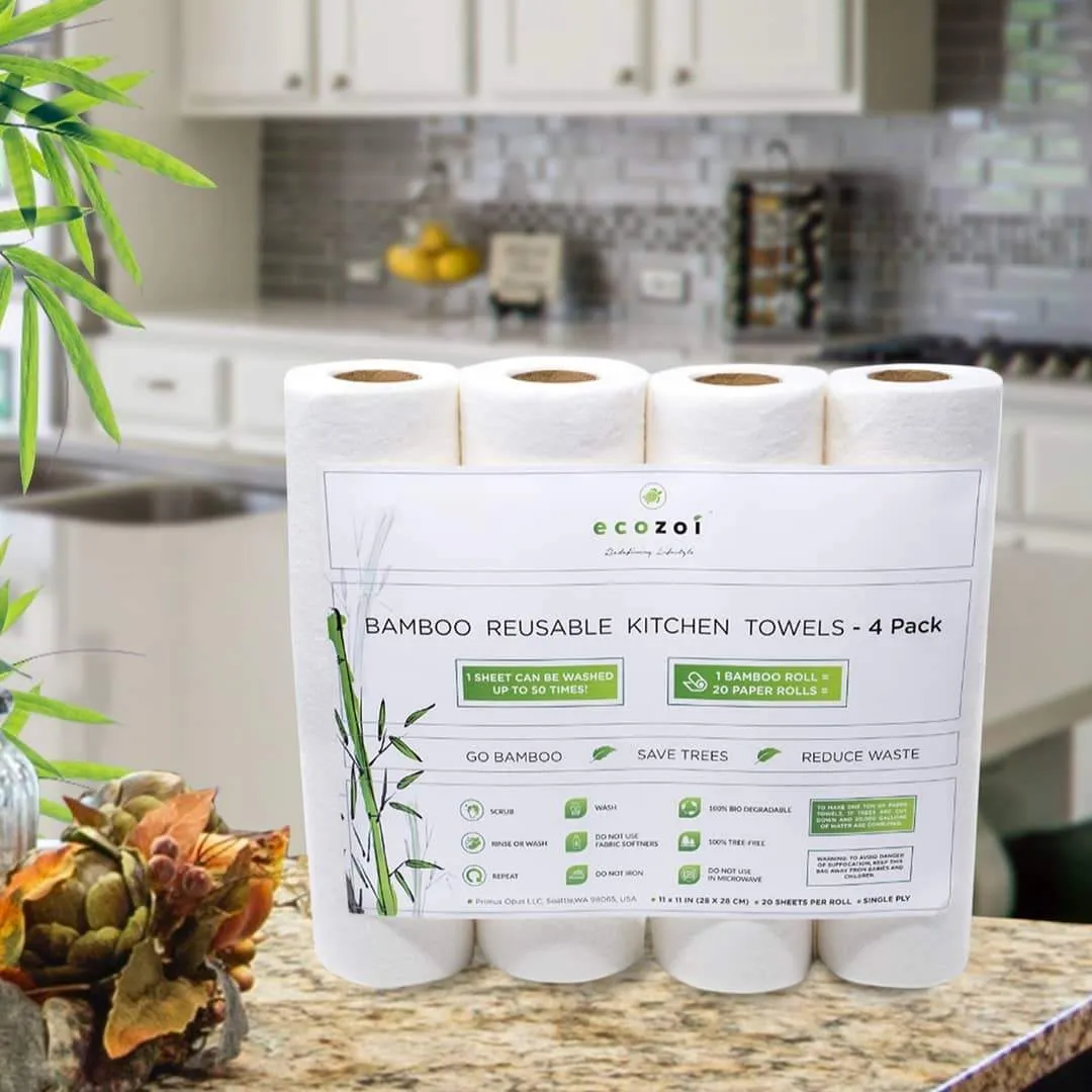 Reusable Bamboo Kitchen Paper Towels - Tree-Free, Eco-Friendly Rolls, 4-Pack