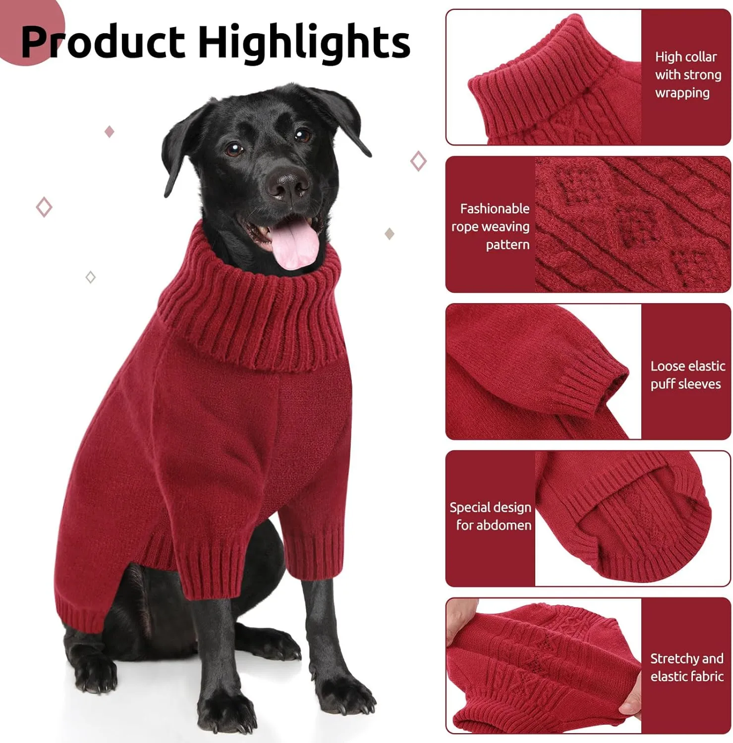 SAWMONG Dog Sweater for Large Dogs, Turtleneck Knitted Pullover Sweater Sweatshirt, Classic Winter Warm Pet Sweater for Boy Girl Cat Sweater (Red, XL)