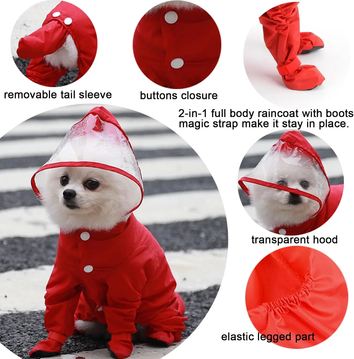 Zunea Waterproof Dog Raincoat with Hood for Small Dogs Rain Poncho Jumpsuit with Rain Boots Puppy Hooded Slicker Rainwear Four-Legged Pet Rain Jacket for Walking Red S